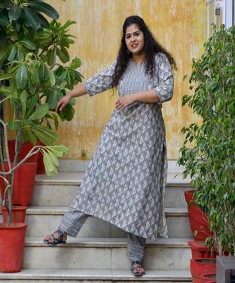 Grey blue dabu handblock printed  kurta With pant 2