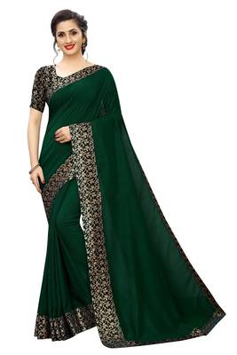 Dark Green embroidered georgette saree with blouse 1