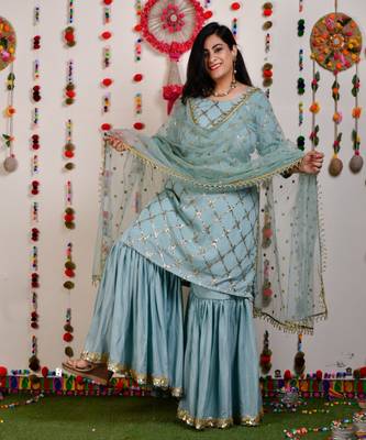 Powder Blue Sequin crepe  Sharara set 1