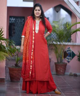 Mustard weave Kurta with Bandhani Hand dyed Dupatta & Red Rayon Skirt 3