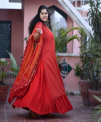Mustard weave Kurta with Bandhani Hand dyed Dupatta & Red Rayon Skirt 4