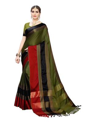 Green woven cotton silk saree with blouse 1