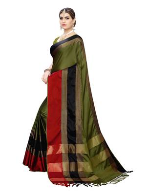 Green woven cotton silk saree with blouse 2