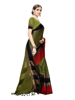 Green woven cotton silk saree with blouse 3