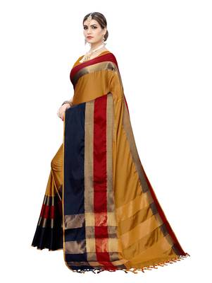 Mustard woven cotton silk saree with blouse 2