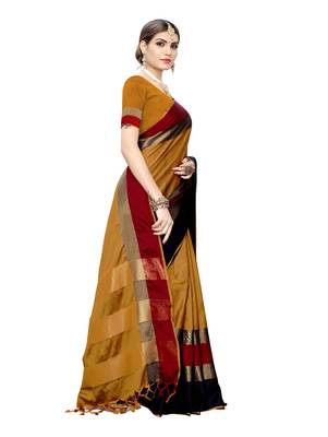 Mustard woven cotton silk saree with blouse 3