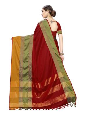 Red woven cotton silk saree with blouse 4