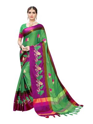 Green embroidered cotton silk saree with blouse 1