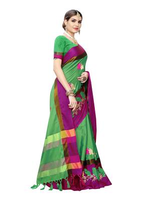 Green embroidered cotton silk saree with blouse 3