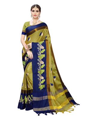 Light green embroidered cotton silk saree with blouse 1