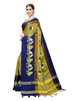 Light green embroidered cotton silk saree with blouse 2