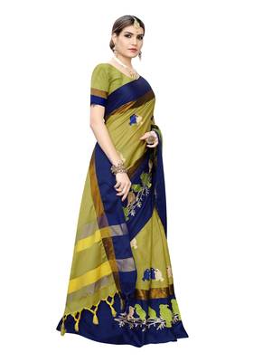 Light green embroidered cotton silk saree with blouse 3