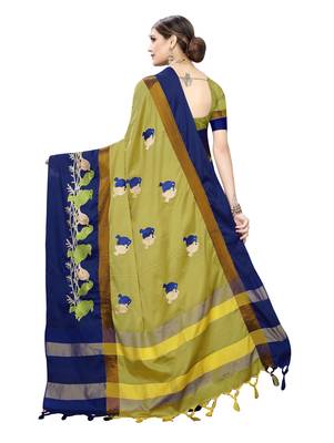 Light green embroidered cotton silk saree with blouse 4