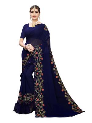 Blue embroidered georgette saree with blouse 1