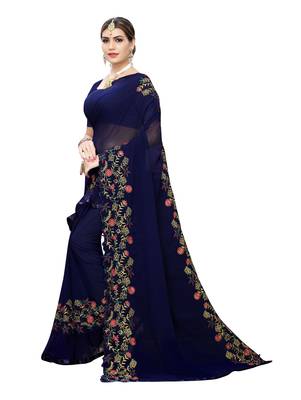 Blue embroidered georgette saree with blouse 2