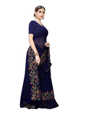 Blue embroidered georgette saree with blouse 3