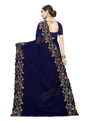 Blue embroidered georgette saree with blouse 4