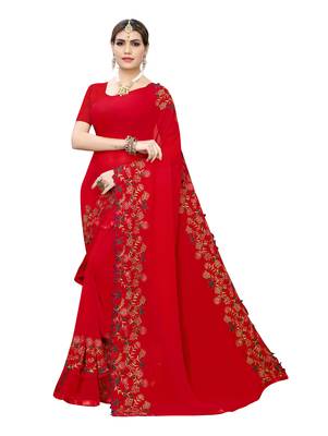 Red embroidered georgette saree with blouse 1