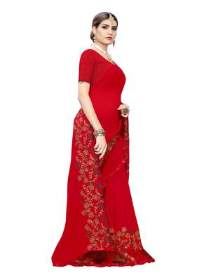 Red embroidered georgette saree with blouse 3