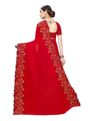 Red embroidered georgette saree with blouse 4