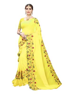 Yellow embroidered georgette saree with blouse 1