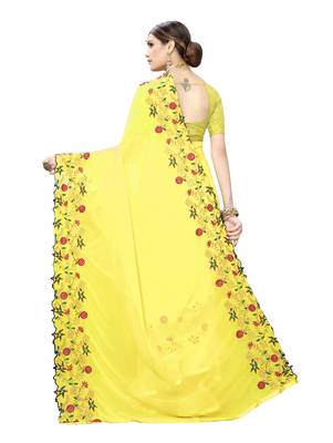 Yellow embroidered georgette saree with blouse 4