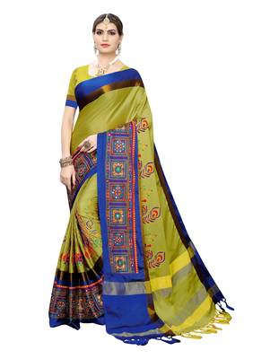 Green embroidered cotton silk saree with blouse 1