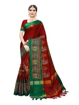 Red embroidered cotton silk saree with blouse 1