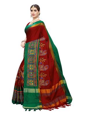 Red embroidered cotton silk saree with blouse 2