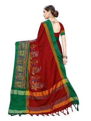 Red embroidered cotton silk saree with blouse 4