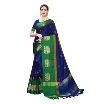Blue embroidered cotton silk saree with blouse 1