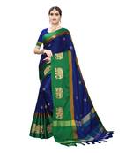 Blue embroidered cotton silk saree with blouse