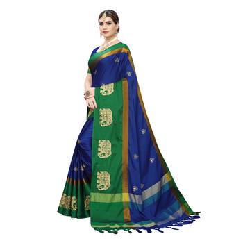 Blue embroidered cotton silk saree with blouse 2
