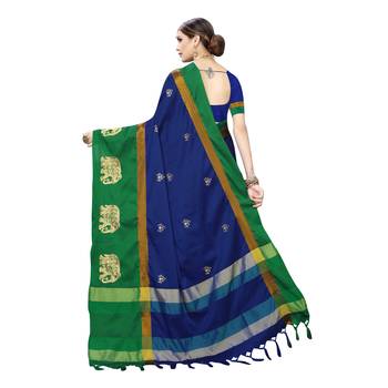 Blue embroidered cotton silk saree with blouse 4