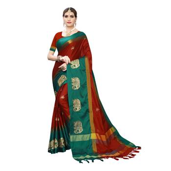 Red embroidered cotton silk saree with blouse 1