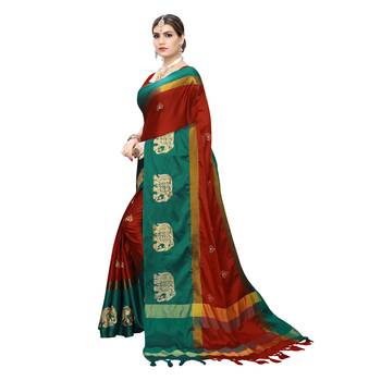 Red embroidered cotton silk saree with blouse 2