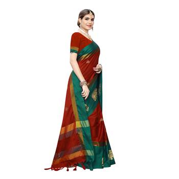 Red embroidered cotton silk saree with blouse 3