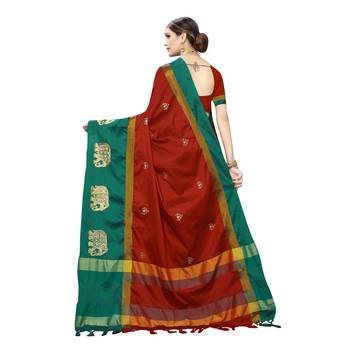 Red embroidered cotton silk saree with blouse 4