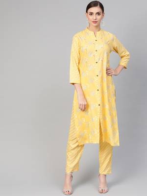 Yellow woven cotton kurta-sets 1