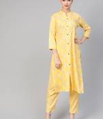 Yellow woven cotton kurta-sets