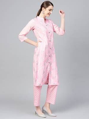 Pink woven cotton kurta-sets 4