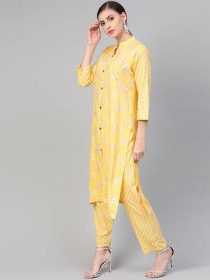 Yellow woven cotton kurta-sets 3