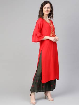 Red woven rayon kurta-sets 3