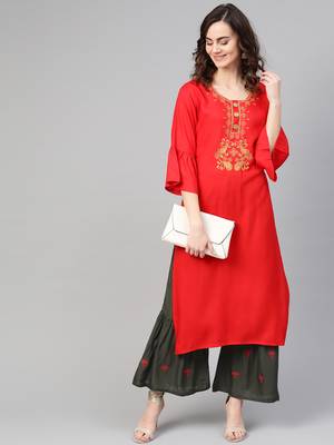 Red woven rayon kurta-sets 4