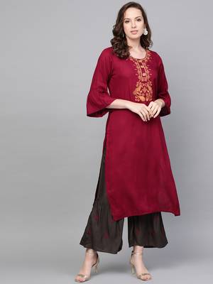 red woven rayon kurta-sets 1