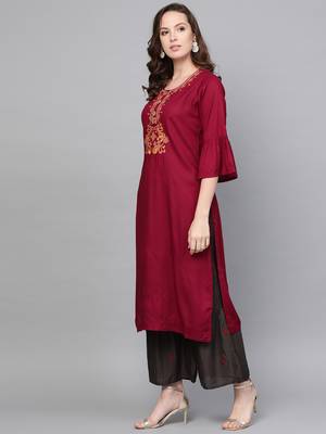 red woven rayon kurta-sets 3
