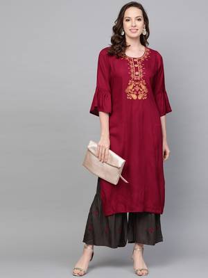 red woven rayon kurta-sets 4