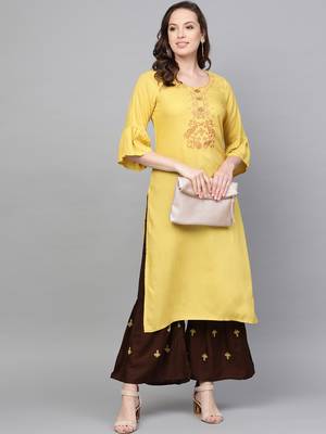 Yellow woven rayon kurta-sets 4