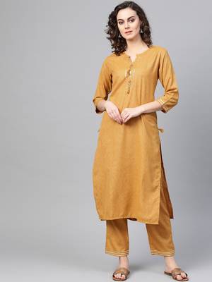 Mustard woven rayon kurta-sets 1