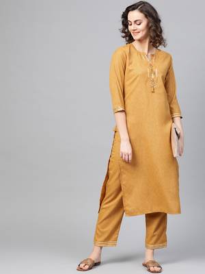 Mustard woven rayon kurta-sets 4